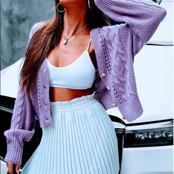 NWT! OPEN KNIT DROP SHOULDER BACK SPLIT DETAIL BUTTON UP CARDIGAN - MAUVE PURPLE - Picture 5 of 12